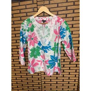 Talbots White And Pink Floral Crochet Top Size Medium Petite